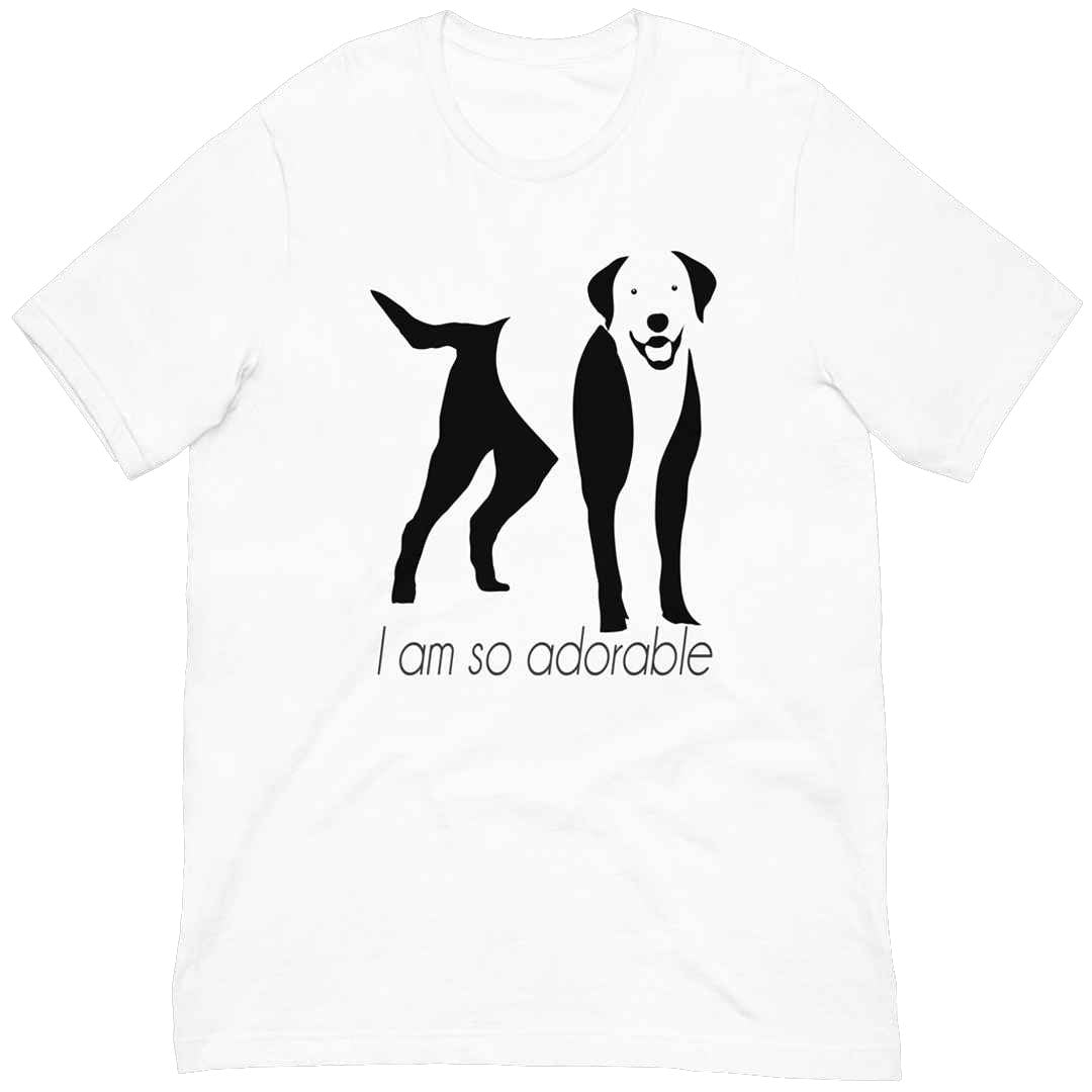 White cotton crew neck unisex  short sleeve tshirt, on the apparel is a black one-line graphic print silhouette of a cute Labrador standing with its tongue out. underneath the dog is the text " i am so adorable" in cap" 