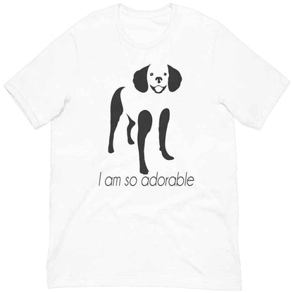 White cotton crew neck unisex  short sleeve tshirt, on the apparel is a black one-line graphic print silhouette of a cute poodle standing with its tongue out. underneath the dog is the text " i am so adorable" in cap"