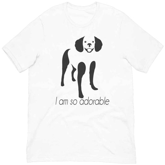 White cotton crew neck unisex  short sleeve tshirt, on the apparel is a black one-line graphic print silhouette of a cute poodle standing with its tongue out. underneath the dog is the text " i am so adorable" in cap"