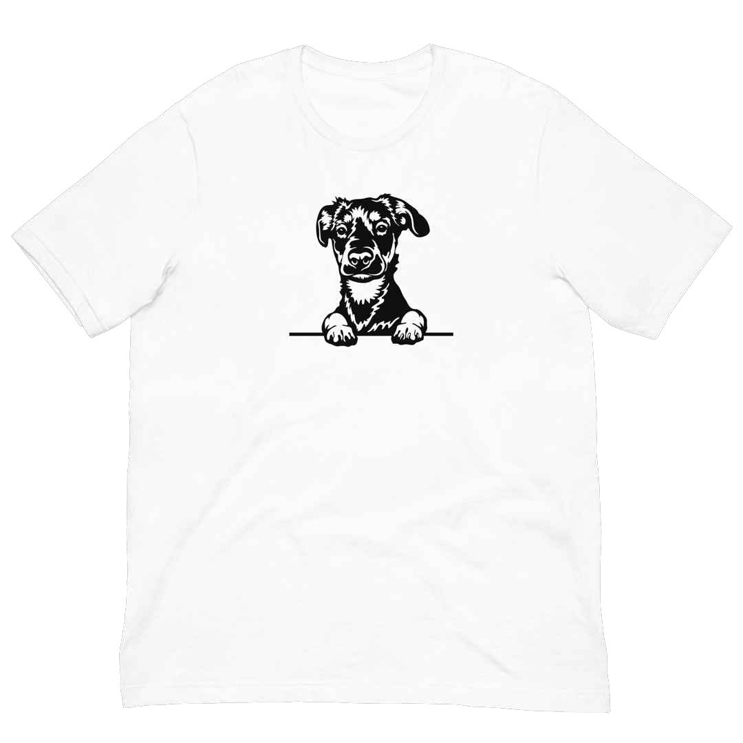 White cotton crew neck unisex  short sleeve tshirt, on the apparel is a black/white one-line  graphic of a cute Rottweiler puppy dog face,  putting it´s paws on the table.