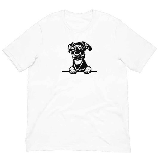 White cotton crew neck unisex  short sleeve tshirt, on the apparel is a black/white one-line  graphic of a cute Rottweiler puppy dog face,  putting it´s paws on the table.