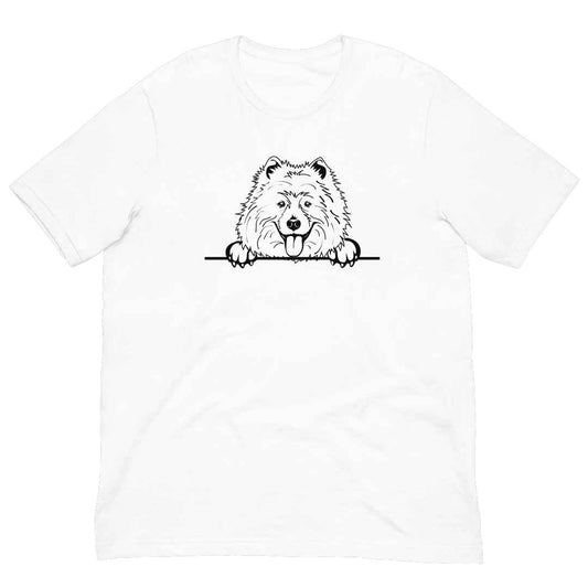 White cotton crew neck unisex  short sleeve tshirt, on the apparel is a black/white one-line  graphic of a cute samoyed dog face,  putting it´s paws on the table