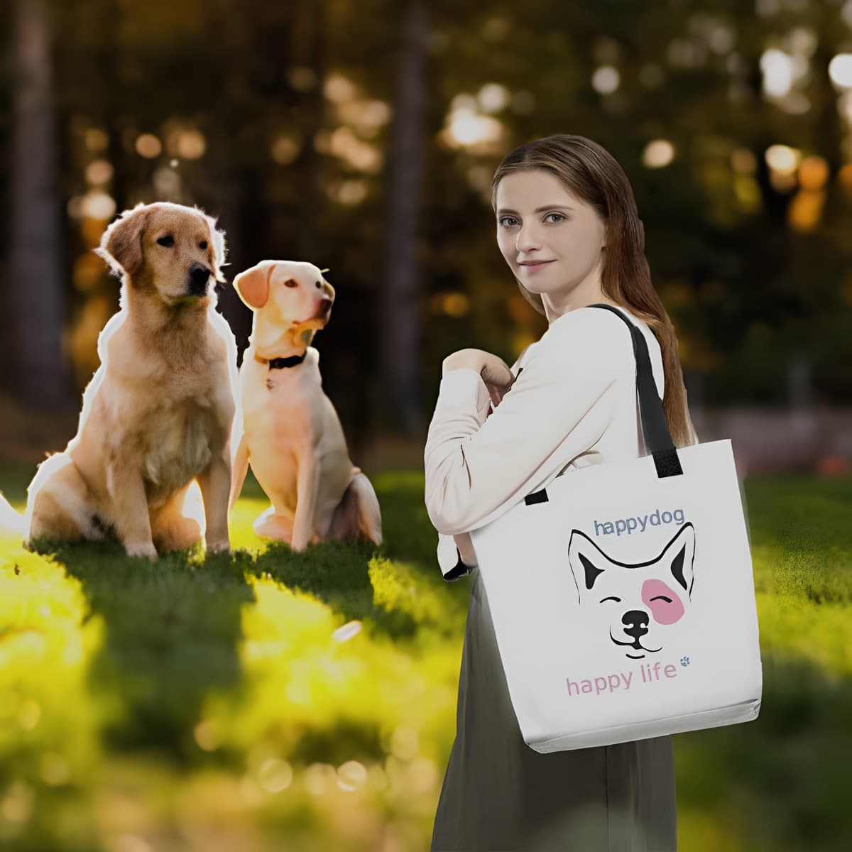 Young women standing in a park, carry on her shoulder a white tote polyester canvas bag, with black stripped handle, features a cute Corgi face graphic print, complete with squinty eyes and a happy grin, with a uplifting message "happy dog, happy life" printed on the front.
