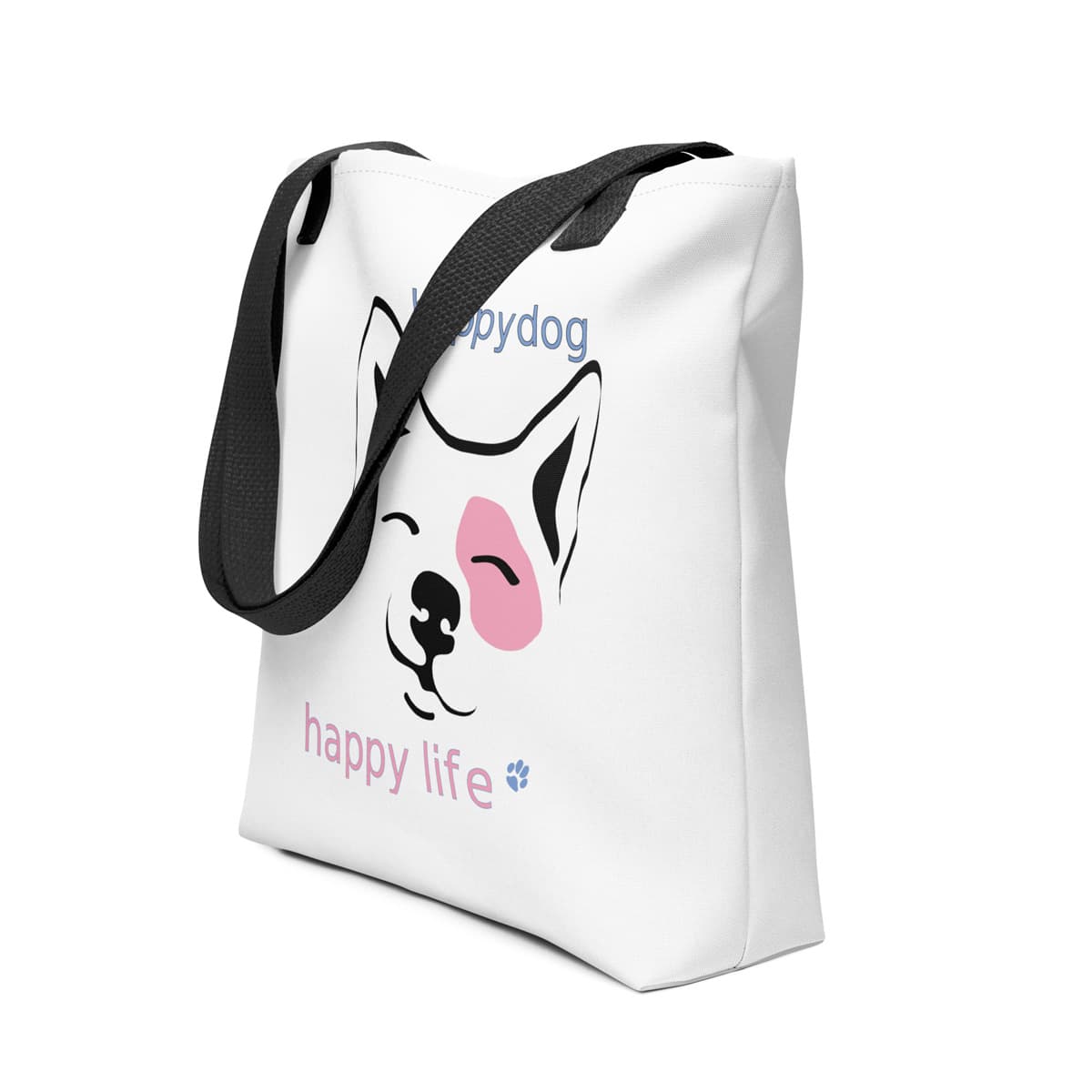 Uni-size 15"x15" white tote polyester canvas bag, with black stripped handle, features a cute Corgi face graphic print, complete with squinty eyes and a happy grin, with a uplifting message "happy dog, happy life" printed on the front. Spacious with black striped handles, perfect for dog lovers, daily errands, dog walks, and gifting.