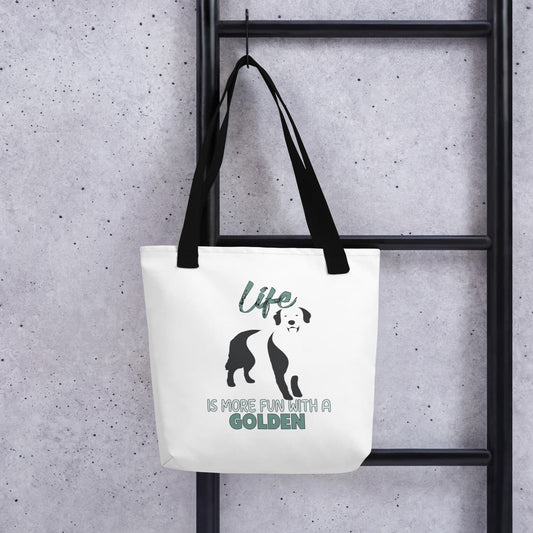 Uni-size 15"x15" white tote polyester canvas bag, with black stripped handle, feature a black one-line Golden Retriever print with life quote ”life is more fun with a Golden”. Printed front and back.