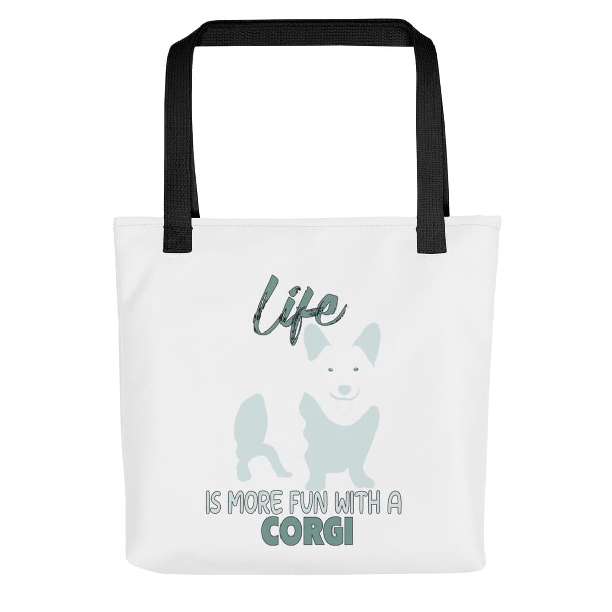 Uni-size 15"x15" white tote polyester canvas bag, with black stripped handle, feature a black one-line Welsh Corgi print with life quote ”life is more fun with a Corgi”. Printed front and back.