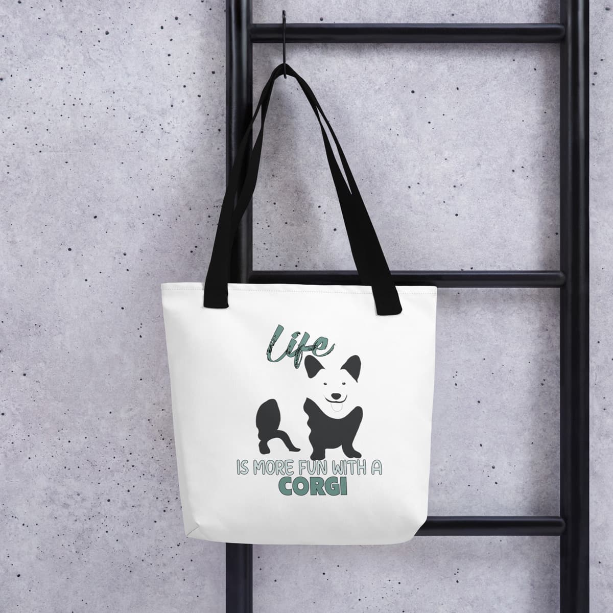 Uni-size 15"x15" white tote polyester canvas bag, with black stripped handle, feature a black one-line Welsh Corgi print with life quote ”life is more fun with a Corgi”. Printed front and back.