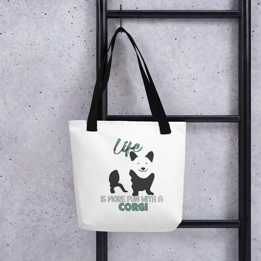 Uni-size 15"x15" white tote polyester canvas bag, with black stripped handle, feature a black one-line Welsh Corgi print with life quote ”life is more fun with a Corgi”. Printed front and back.