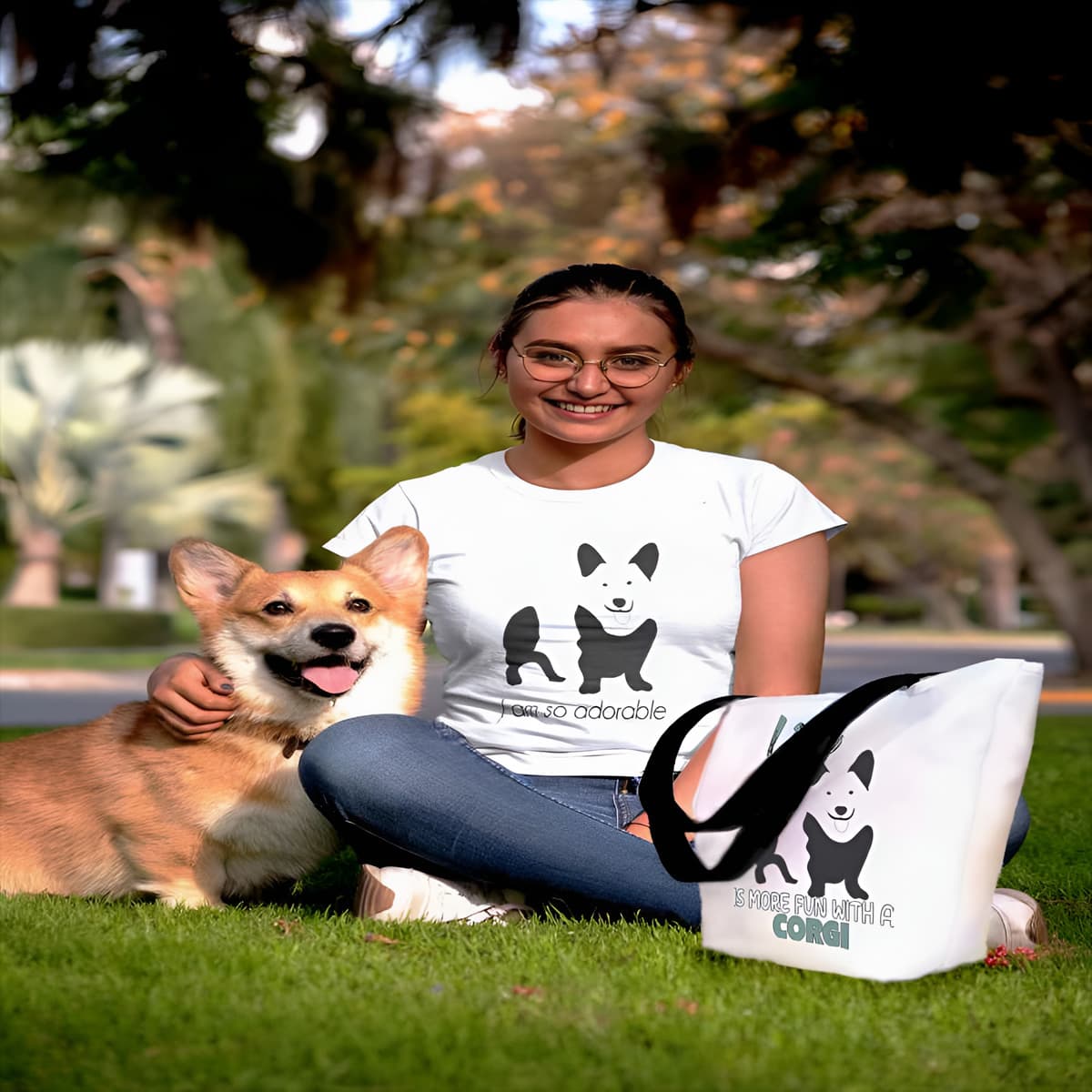 Young women sitting on a lawn, with a corgi beside her. Next to her a white tote polyester canvas bag, with black stripped handle, feature a black one-line Welsh Corgi print with life quote ”life is more fun with a Corgi”.