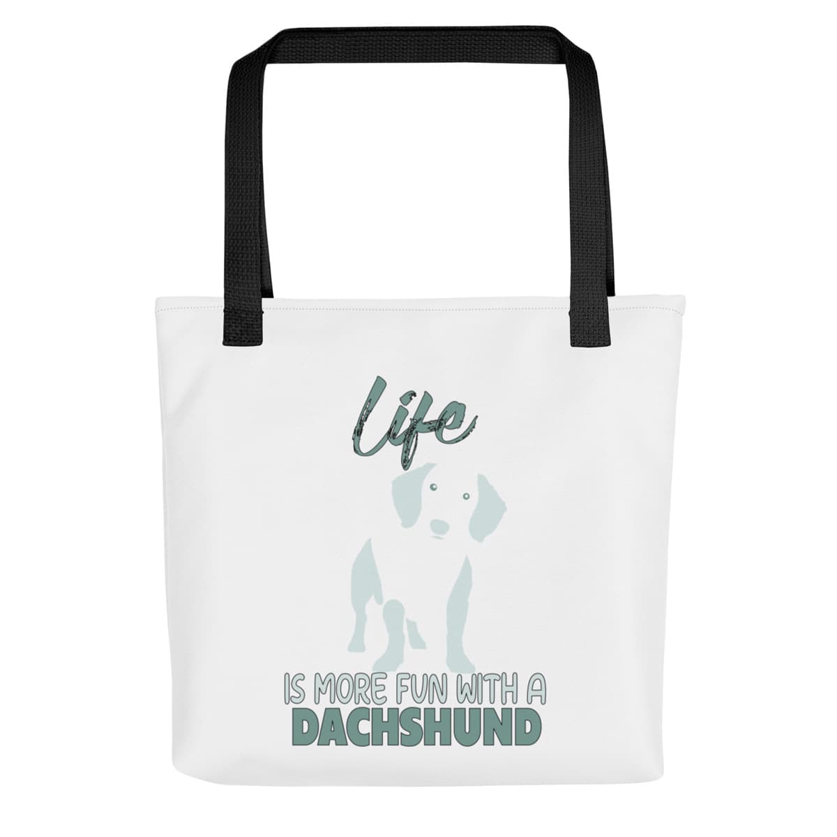 Uni-size 15"x15" white tote polyester canvas bag, with black stripped handle, feature a black one-line Dachshund print with life quote ”life is more fun with a Dachshund”. Printed front and back.