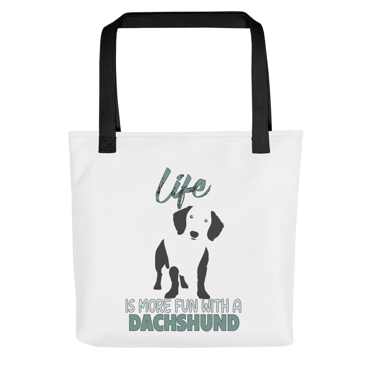 Uni-size 15"x15" white tote polyester canvas bag, with black stripped handle, feature a black one-line Dachshund print with life quote ”life is more fun with a Dachshund”. Printed front and back.