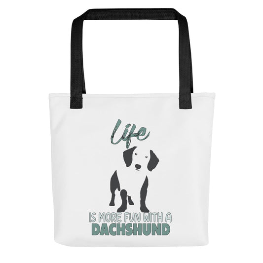 Uni-size 15"x15" white tote polyester canvas bag, with black stripped handle, feature a black one-line Dachshund print with life quote ”life is more fun with a Dachshund”. Printed front and back.