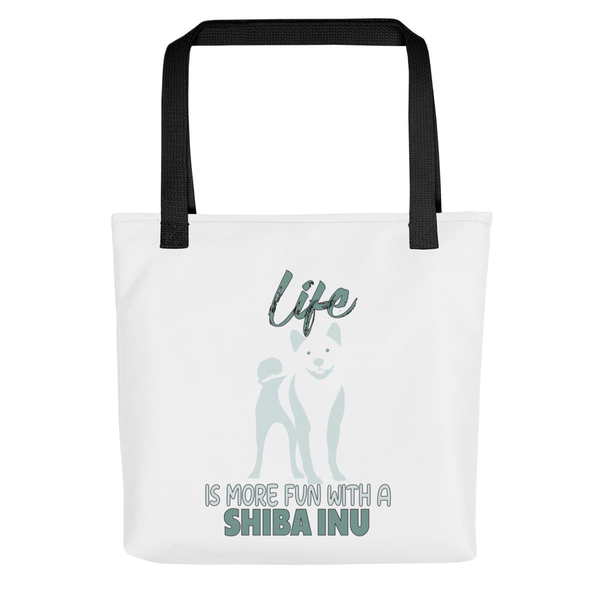 Uni-size 15"x15" white tote polyester canvas bag, with black stripped handle, feature a black one-line Shiba Inu print with life quote ”life is more fun with a Shiba Inu”. Printed front and back.