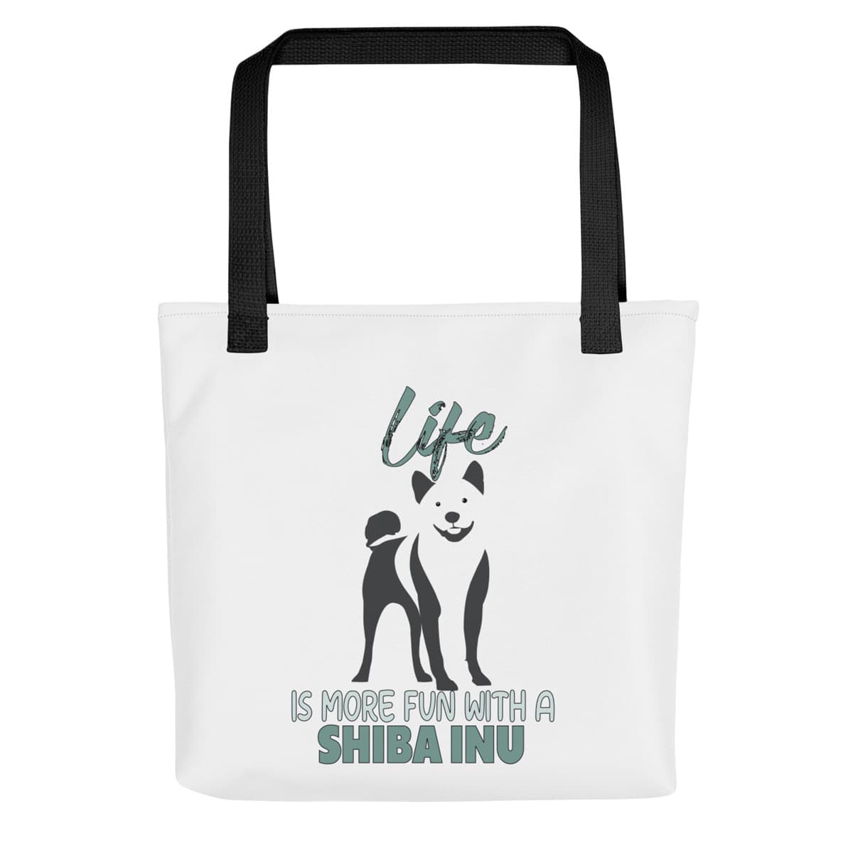 Uni-size 15"x15" white tote polyester canvas bag, with black stripped handle, feature a black one-line Shiba Inu print with life quote ”life is more fun with a Shiba Inu”. Printed front and back.