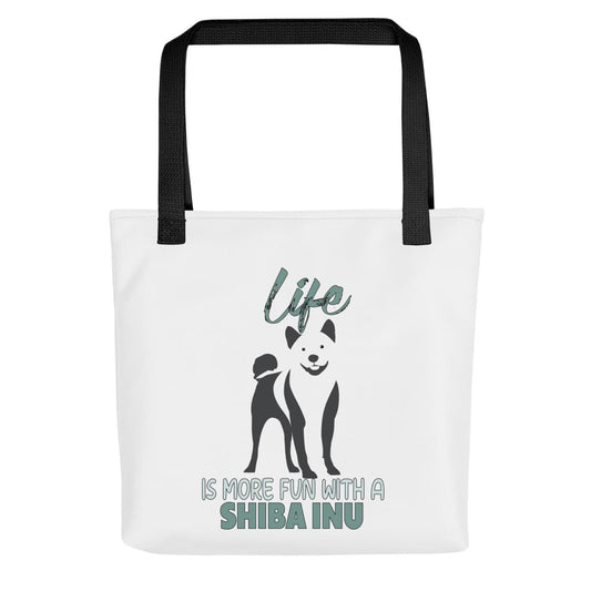 Uni-size 15"x15" white tote polyester canvas bag, with black stripped handle, feature a black one-line Shiba Inu print with life quote ”life is more fun with a Shiba Inu”. Printed front and back.