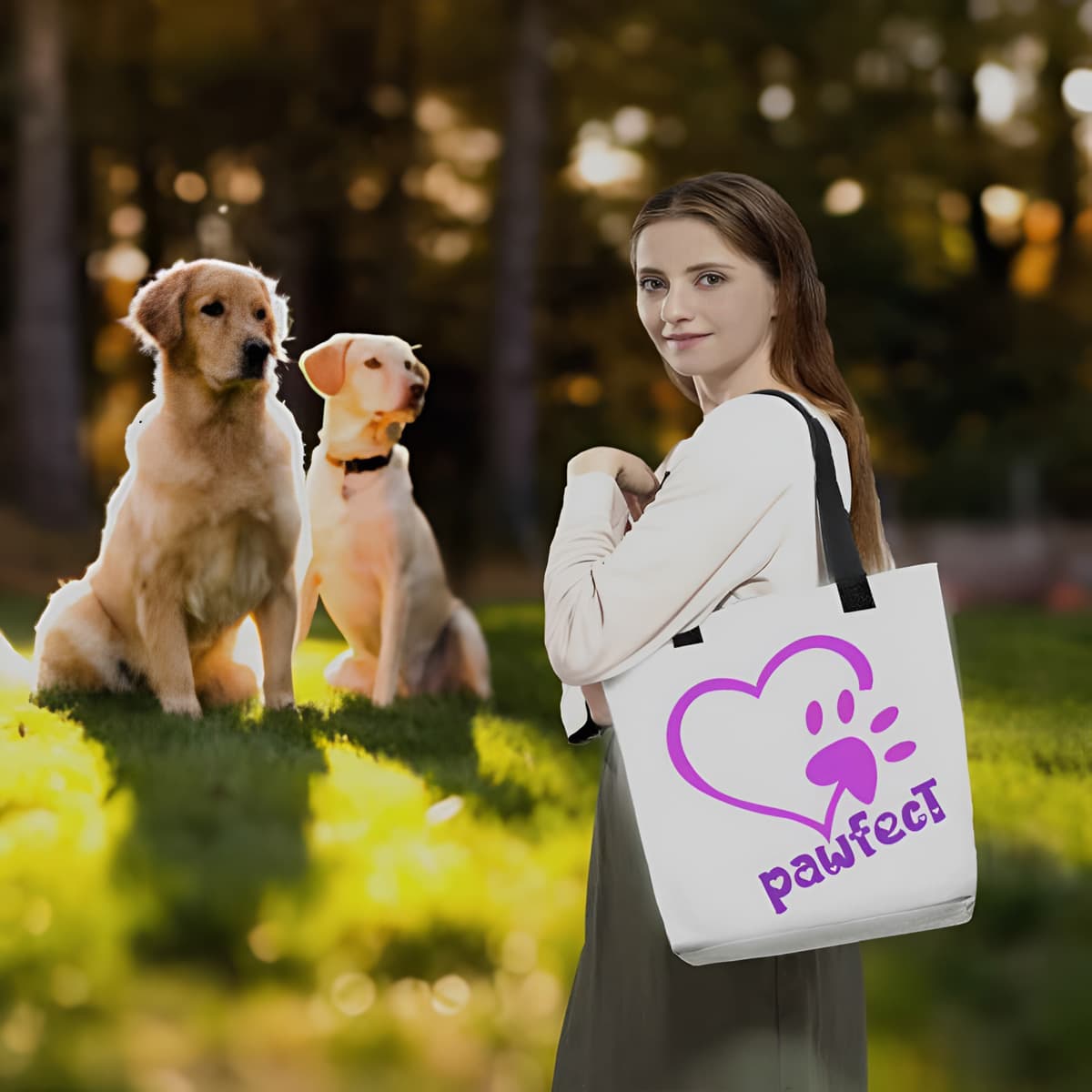 White spun canvas fabric tote bag, with black handle stripped, on the tote is  cute graphic pink shaped heart with a paw on the side, underneath the heart is the tilted text "pawfect"  in color purple