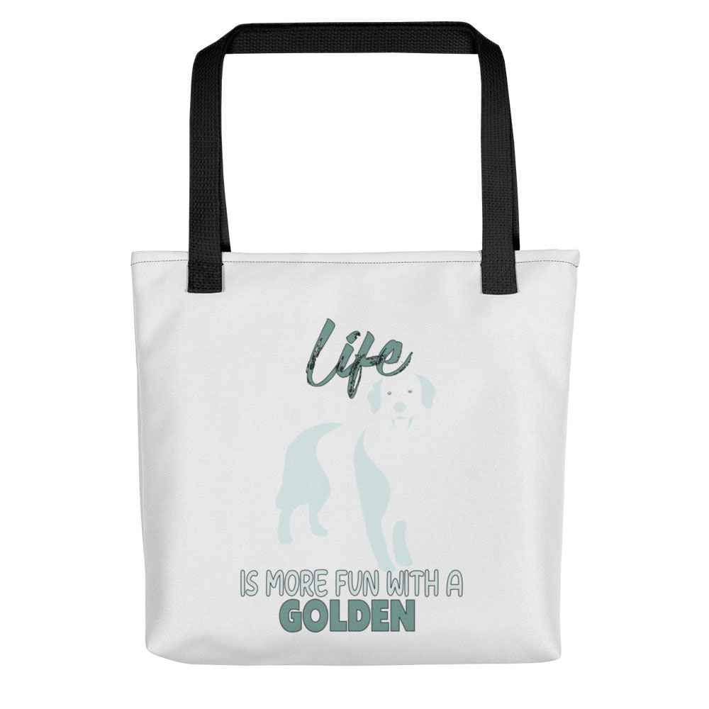 Uni-size 15"x15" white tote polyester canvas bag, with black stripped handle, feature a black one-line Golden Retriever print with life quote ”life is more fun with a Golden”. Printed front and back.