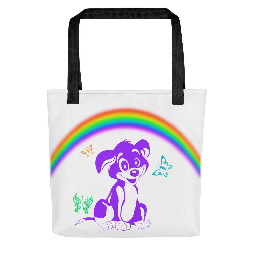 White spun canvas fabric tote bag, with black handle stripped, on the tote is a cute graphic cartoonist puppy dog sitting with a happy face, surrounded by colorful sizes butterflies,  above is a colorful rainbow "