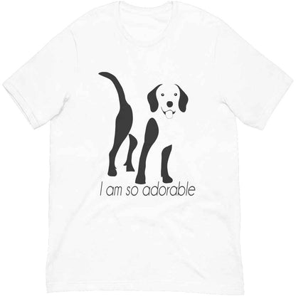 White cotton crew neck unisex  short sleeve tshirt, on the apparel is a black one-line graphic print silhouette of a cute Beagle standing with its tongue out. underneath the dog is the text " i am so adorable" in cap" 