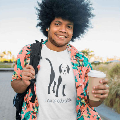 White cotton crew neck unisex  short sleeve tshirt, on the apparel is a black one-line graphic print silhouette of a cute Beagle standing with its tongue out. underneath the dog is the text " i am so adorable" in cap" 