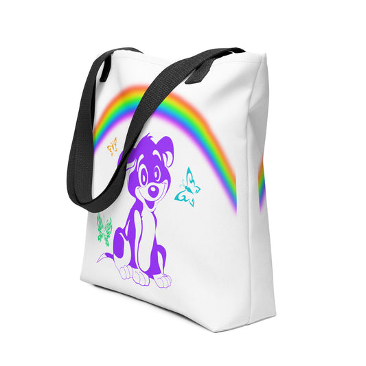 White spun canvas fabric tote bag, with black handle stripped, on the tote is a cute graphic cartoonist puppy dog sitting with a happy face, surrounded by colorful sizes butterflies,  above is a colorful rainbow "