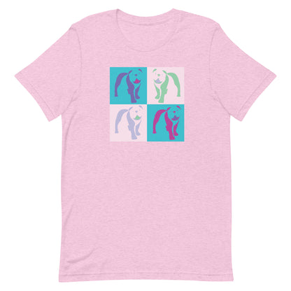 Pink cotton crew neck unisex  short sleeve tshirt, on the apparel 4 colorful squares each with a one-line graphic print silhouette of a cute Bulldog dog standing with its tongue out. The design is influenced by Pop Art culture and  by Andy Warhol vibrate color palette 