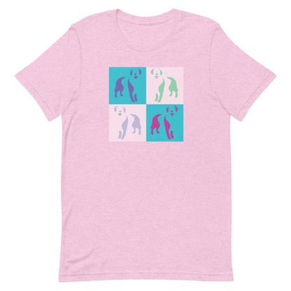 pink  cotton crew neck unisex  short sleeve tshirt, on the apparel 4 colorful squares each with a one-line graphic print silhouette of a cute Golden Retriever dog standing with its tongue out. The design is influenced by Pop Art culture and  by Andy Warhol vibrate color palette " 