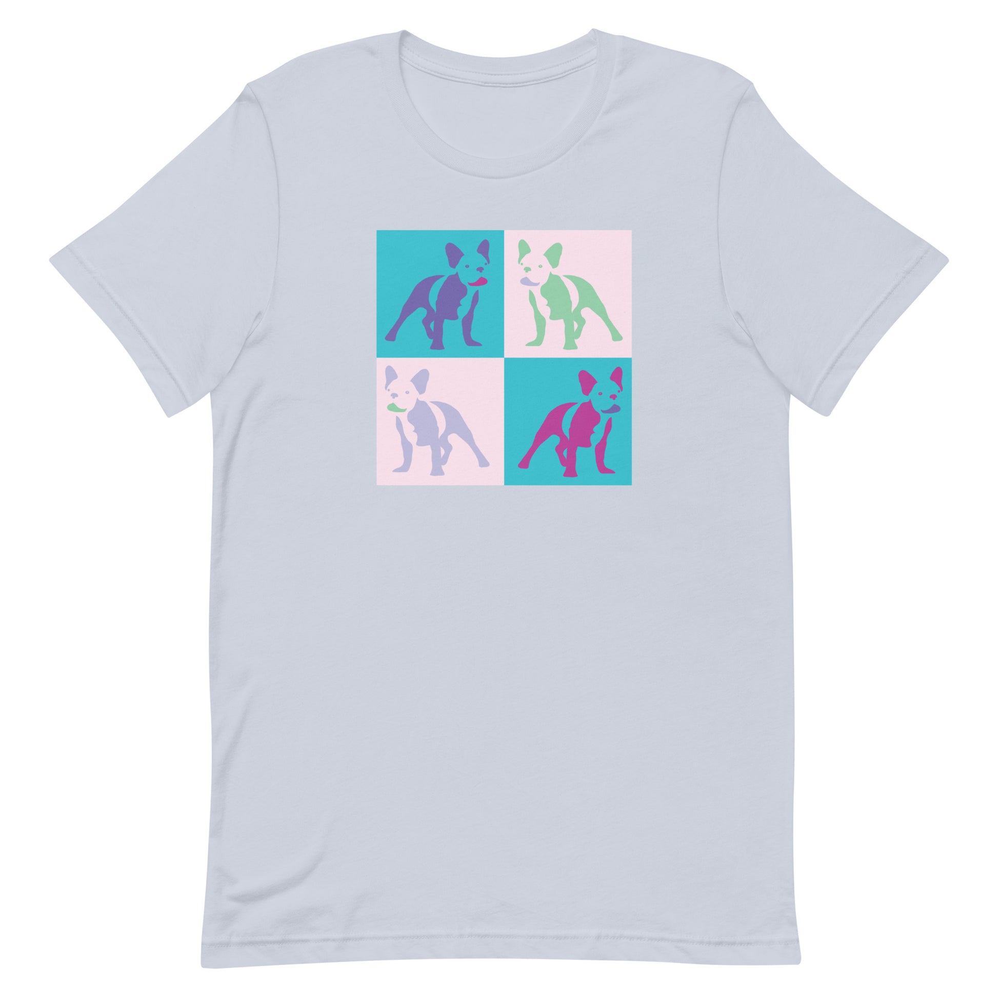 Bluish cotton crew neck unisex  short sleeve tshirt, on the apparel 4 colorful squares each with a one-line graphic print silhouette of a cute French Bulldog dog standing with its tongue out. The design is influenced by Pop Art culture and  by Andy Warhol vibrate color palette 