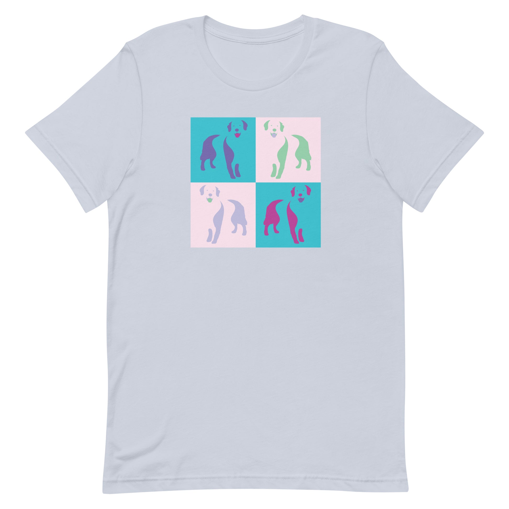 bluish  cotton crew neck unisex  short sleeve tshirt, on the apparel 4 colorful squares each with a one-line graphic print silhouette of a cute Golden Retriever dog standing with its tongue out. The design is influenced by Pop Art culture and  by Andy Warhol vibrate color palette " 