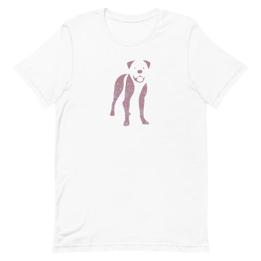 White cotton crew neck unisex  short sleeve tshirt, on the apparel is a graphic print silhouette of a cute boxer standing with its tongue out the silhouette is with flowers and patterns in colors pink and purple reminds a bit of flower power