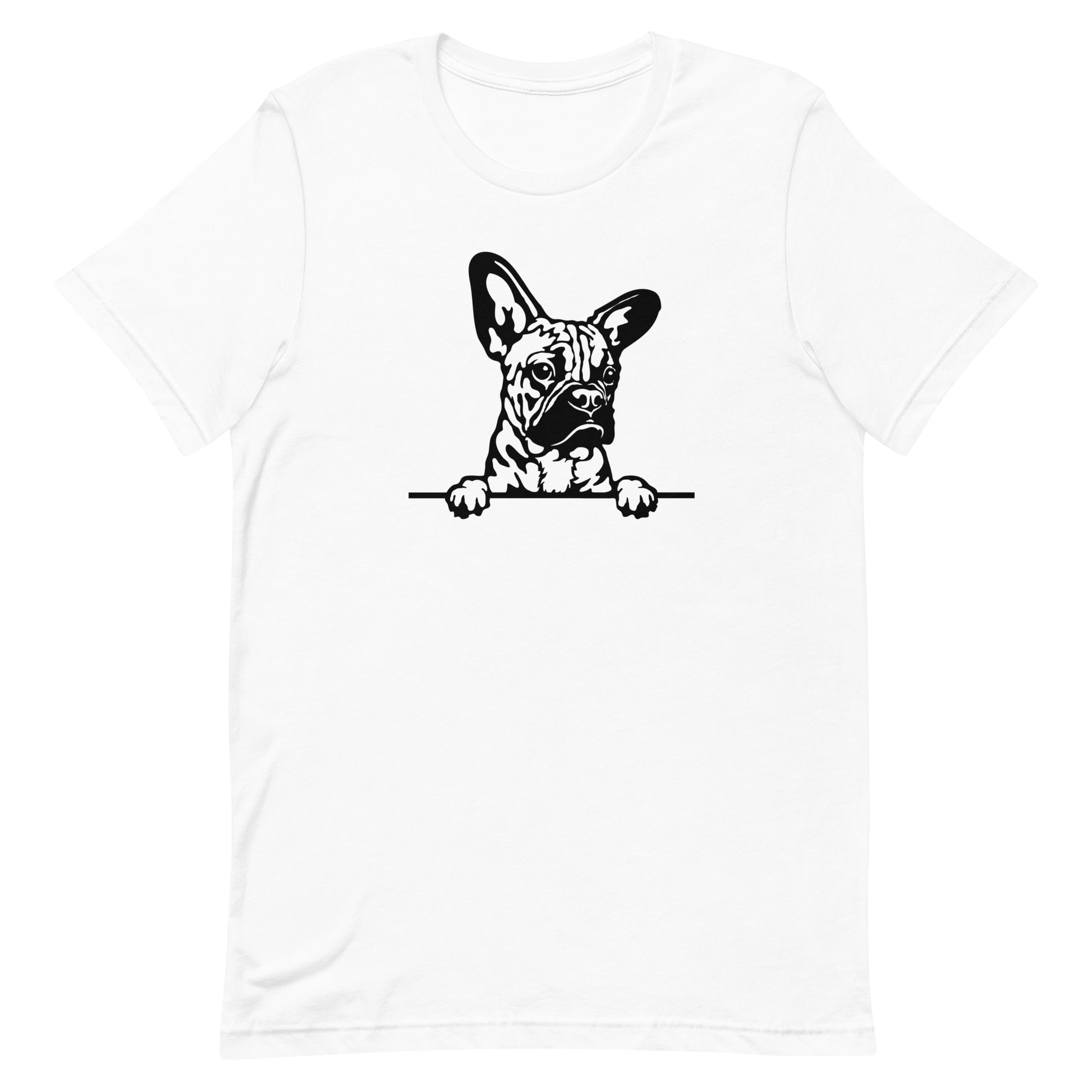 White cotton crew neck unisex  short sleeve tshirt, on the apparel is a black/white one-line  graphic of a cute French Bulldog dog face,  putting it´s  paws on the table