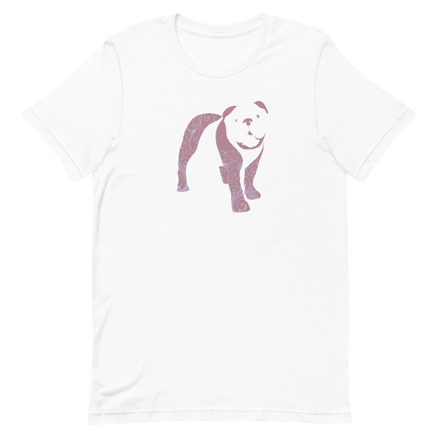 White cotton crew neck unisex  short sleeve tshirt, on the apparel is a graphic print silhouette of a cute Bulldog standing with its tongue out, the silhouette is with flowers and patterns in colors pastel and purple, reminds a bit of flower power