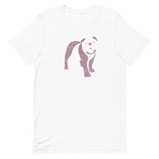 White cotton crew neck unisex  short sleeve tshirt, on the apparel is a graphic print silhouette of a cute Bulldog standing with its tongue out, the silhouette is with flowers and patterns in colors pastel and purple, reminds a bit of flower power