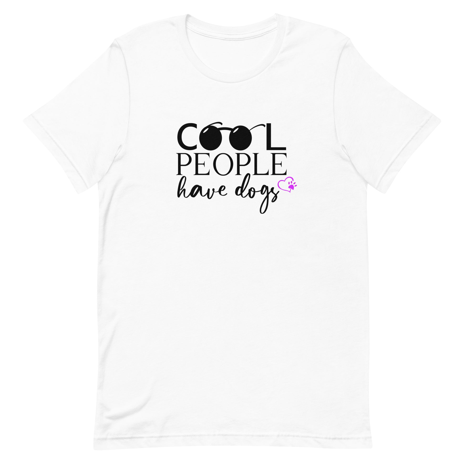 White cotton crew neck unisex short sleeve tshirt, on the apparel is a graphic black text saying "cool people have dogs"  the two letter " O" in "cool" is shaped as black sunglasses , after the text "dogs" is a pink heart with paw. 