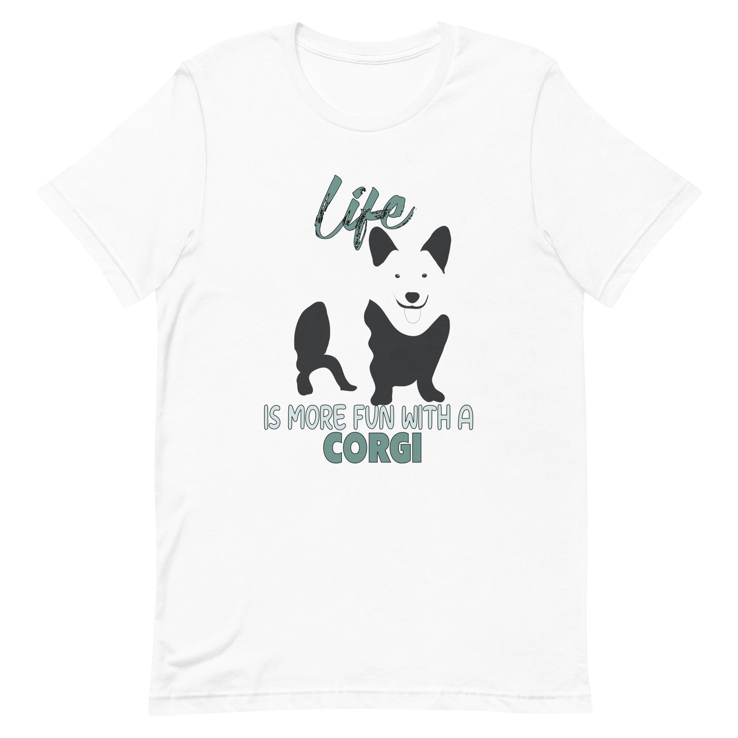 White crew neck short sleeved t-shirt, features a classic quote "life is more fun wit a Corgi, feature a cute standing corgi in black/white bold one-line graphic