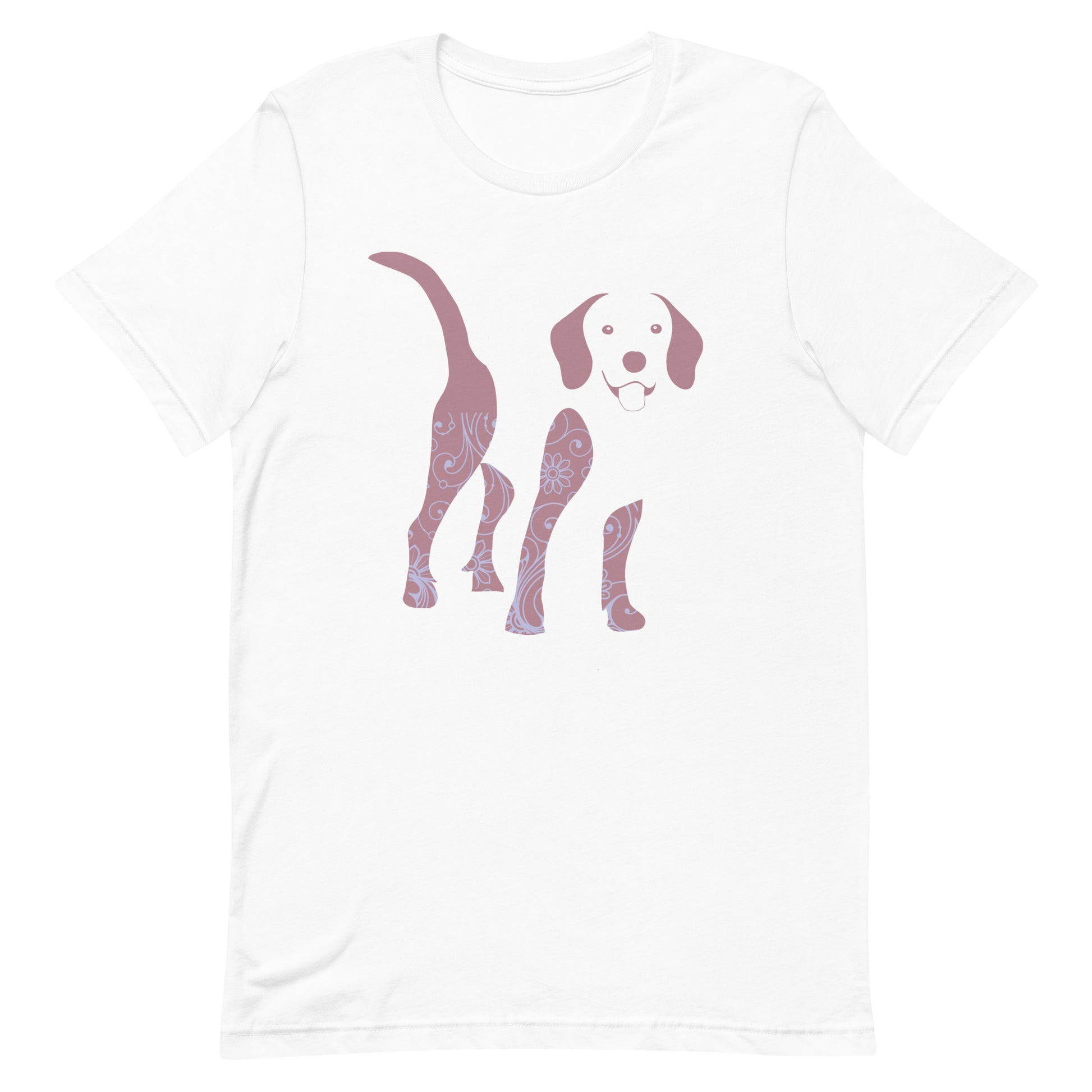 White cotton crew neck unisex  short sleeve tshirt, on the apparel is a graphic print silhouette of a cute shepherd standing with its tongue out the silhouette is with flowers and patterns in colors pink and purple reminds a bit of flower power