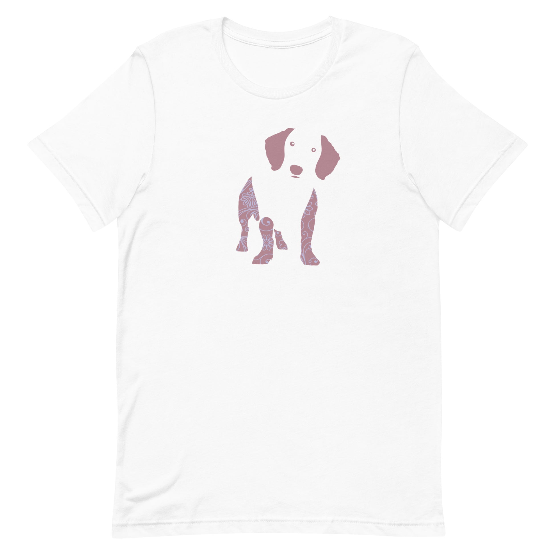 White cotton crew neck unisex  short sleeve tshirt, on the apparel is a graphic print silhouette of a cute Dachshund standing with its tongue out, the silhouette is with flowers and patterns in colors pastel and purple, reminds a bit of flower power