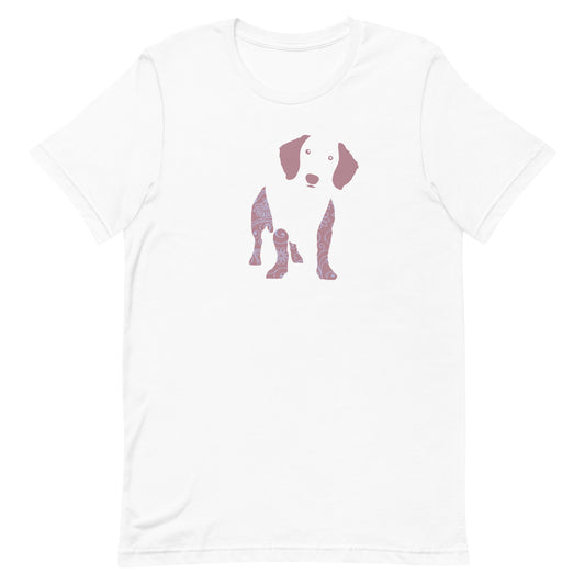 White cotton crew neck unisex  short sleeve tshirt, on the apparel is a graphic print silhouette of a cute Dachshund standing with its tongue out, the silhouette is with flowers and patterns in colors pastel and purple, reminds a bit of flower power