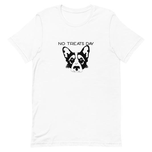 White cotton crew neck unisex  short sleeve tshirt, on the apparel is a black one-line graphic dog face resting with it paws under its head, the dog face is moody, above is the text"no treats day" in cap. 