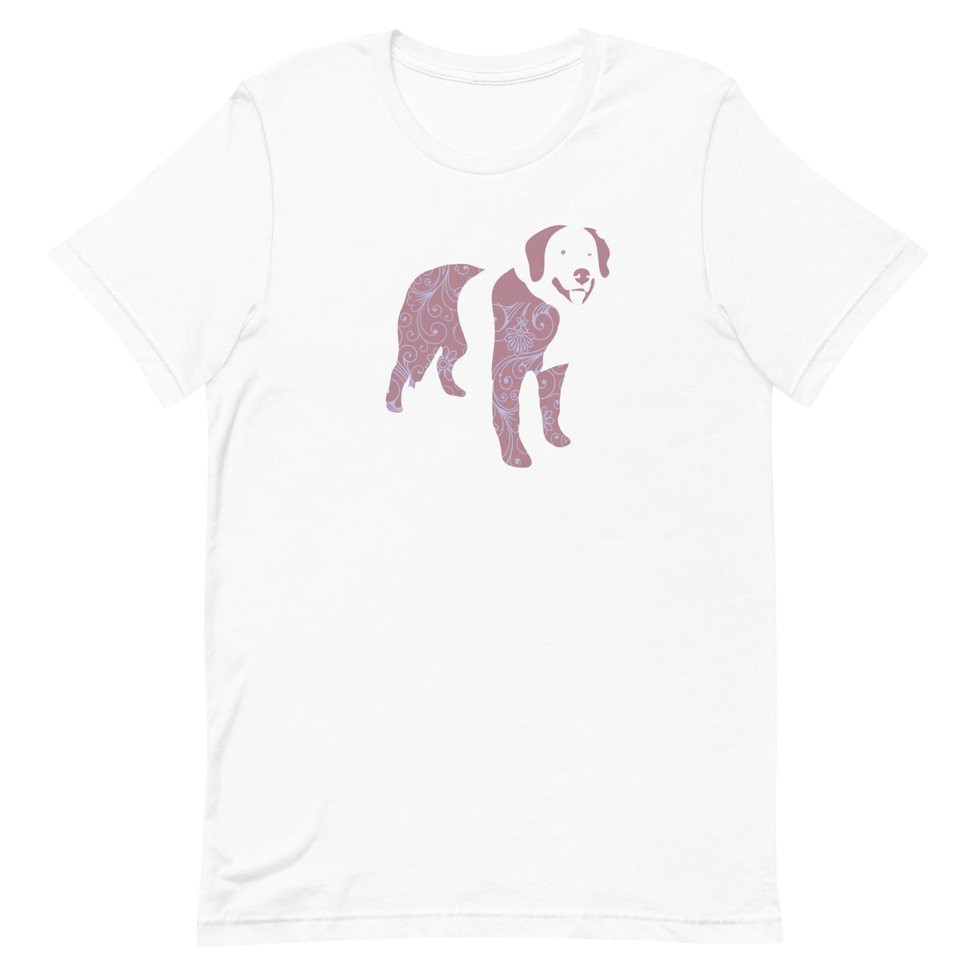 White cotton crew neck unisex  short sleeve tshirt, on the apparel is a graphic print silhouette of a cute adorable Bernese standing with , the silhouette is with flowers and patterns in colors pastel and purple, reminds a bit of flower power