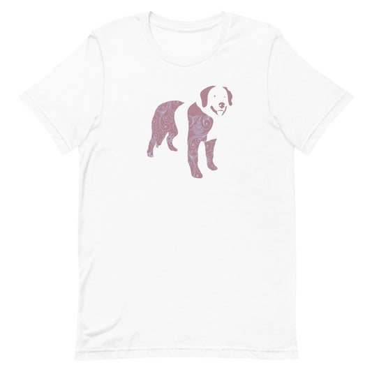 White cotton crew neck unisex  short sleeve tshirt, on the apparel is a graphic print silhouette of a cute adorable Bernese standing with , the silhouette is with flowers and patterns in colors pastel and purple, reminds a bit of flower power