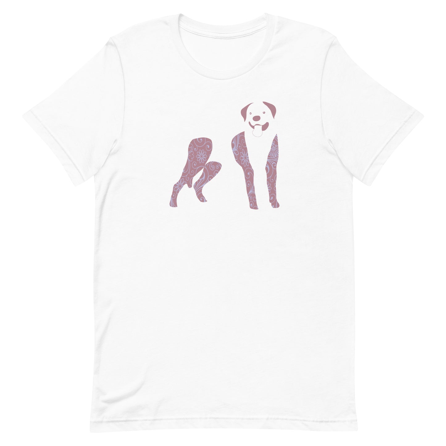 White cotton crew neck unisex  short sleeve tshirt, on the apparel is a graphic print silhouette of a cute Rottweiler with its tongue out standing the silhouette is with flowers and patterns in colors pink and purple reminds a bit of flower powe