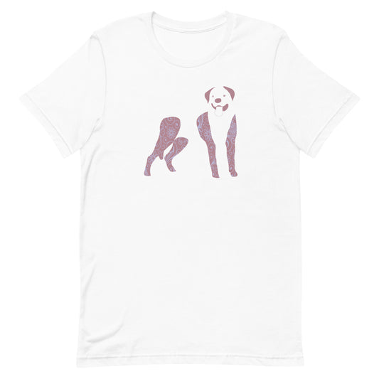 White cotton crew neck unisex  short sleeve tshirt, on the apparel is a graphic print silhouette of a cute Rottweiler with its tongue out standing the silhouette is with flowers and patterns in colors pink and purple reminds a bit of flower powe