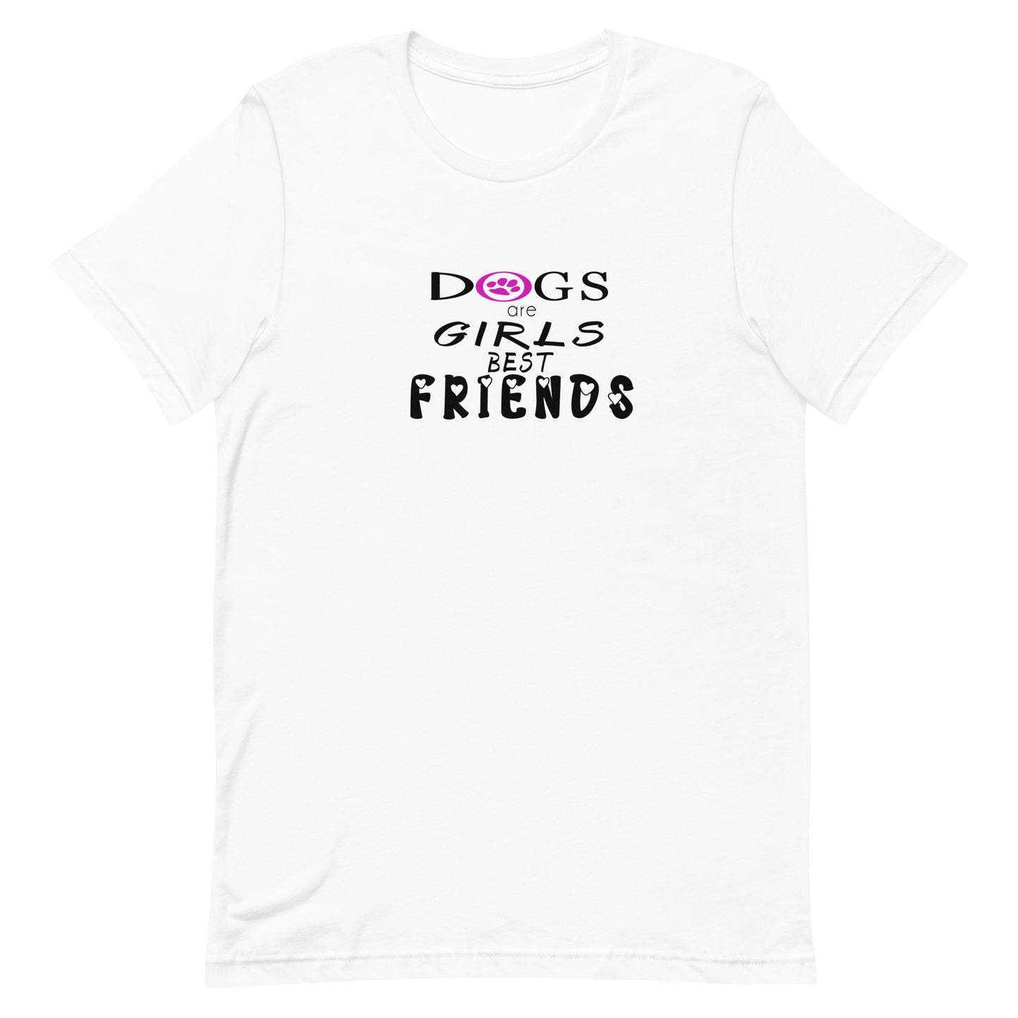 White cotton crew neck unisex  short sleeve tshirt, on the apparel is a graphic black text  saying "dogs are girls best friends"  the letter O in "dogs" is a purple paw