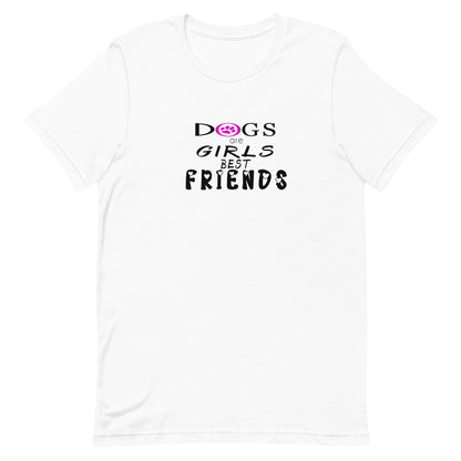 White cotton crew neck unisex  short sleeve tshirt, on the apparel is a graphic black text  saying "dogs are girls best friends"  the letter O in "dogs" is a purple paw