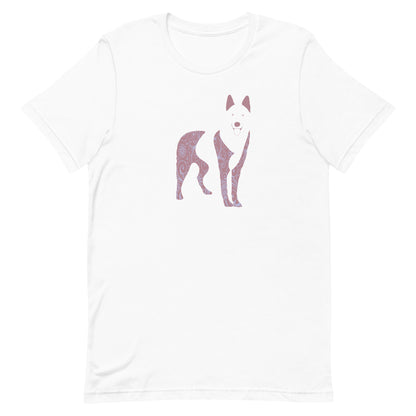 White cotton crew neck unisex  short sleeve tshirt, on the apparel is a graphic print silhouette of a cute adorable Husky standing with its tongue out, the silhouette is with flowers and patterns in colors pastel and purple, reminds a bit of flower power