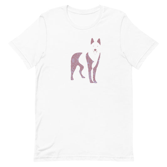 White cotton crew neck unisex  short sleeve tshirt, on the apparel is a graphic print silhouette of a cute adorable Husky standing with its tongue out, the silhouette is with flowers and patterns in colors pastel and purple, reminds a bit of flower power