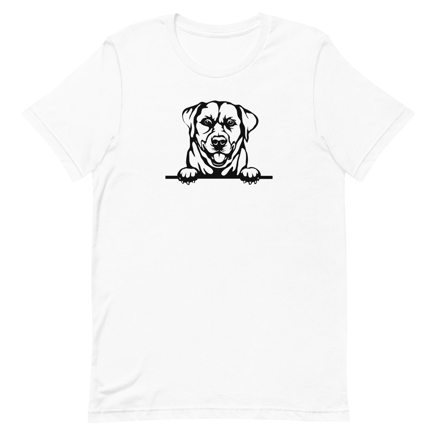 White cotton crew neck unisex  short sleeve tshirt, on the apparel is a black/white one-line  graphic of a cute labrador dog face,  putting it´s paws on the table