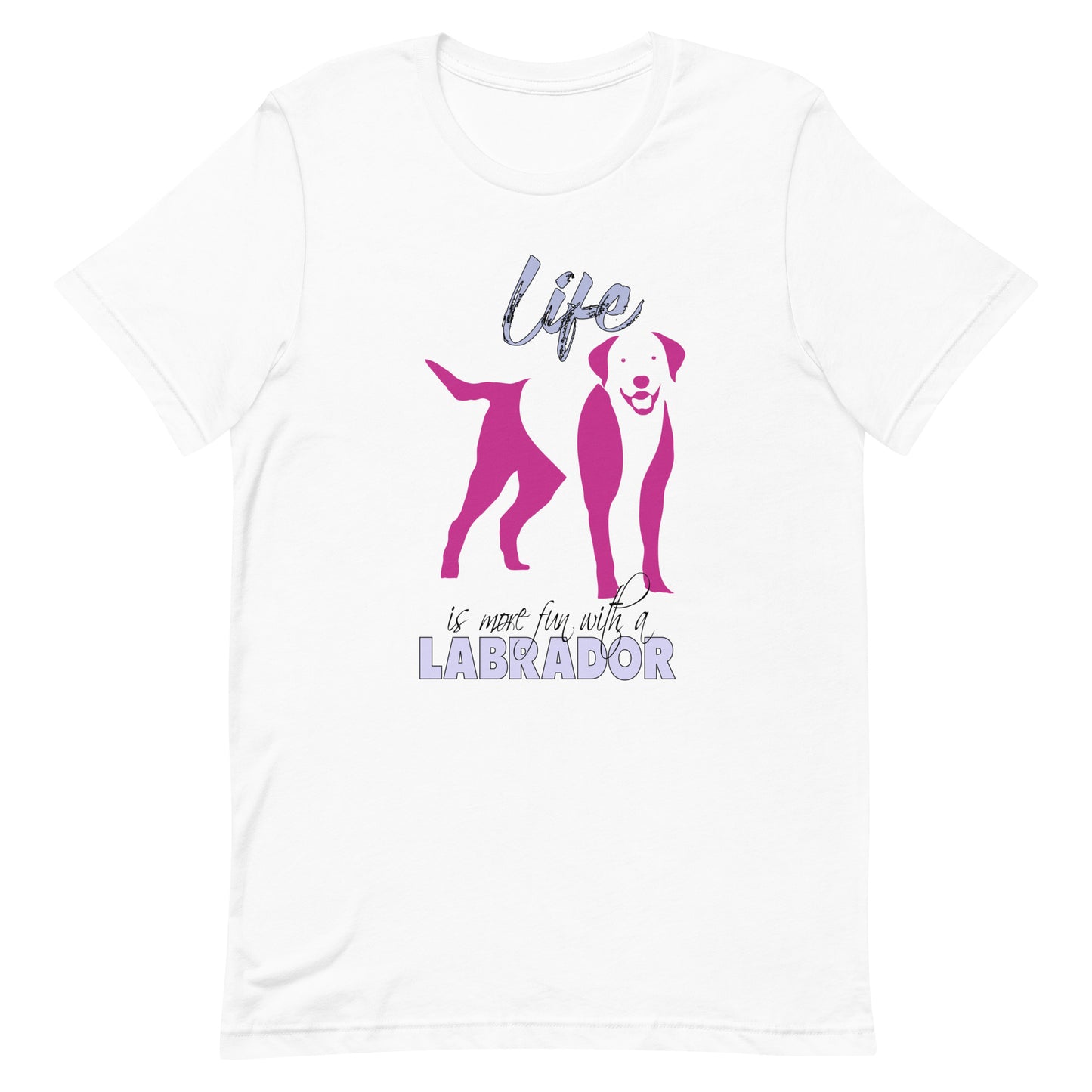 White cotton crew neck unisex  short sleeve tshirt, on the apparel is a graphic print silhouette of a cute adorable Labrador standing , the dog silhouette is in pink color, above the dog is the text " Life" written in tilted purple graphic letter, below is the text " is more fun with a Labrador" in capital letter, the text "Labrador" stands out with its pink color.