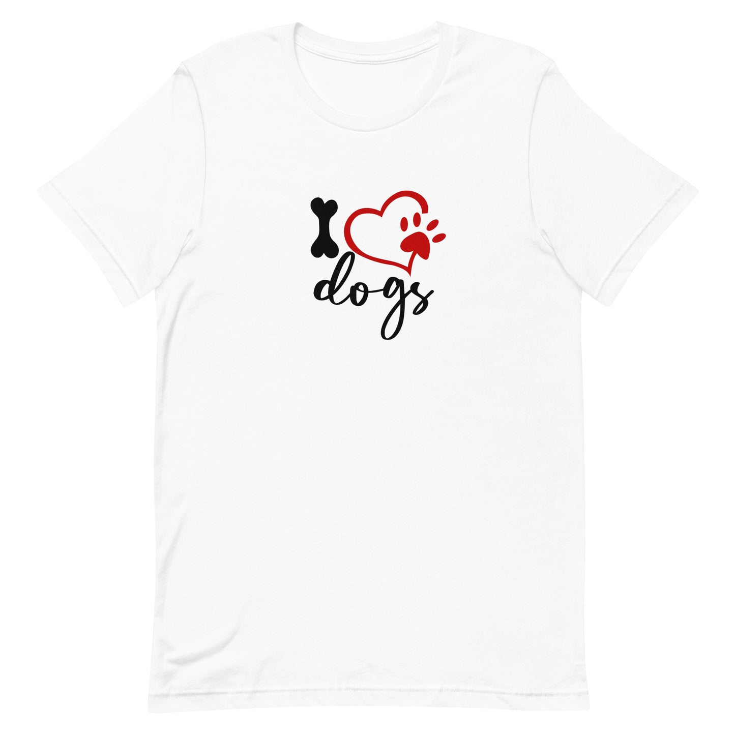 White cotton crew neck unisex  short sleeve tshirt, on the apparel is a graphic Dog bone as in "I" and a graphic shaped red heart and paw, underneath is the "dogs" written in graphic letters.